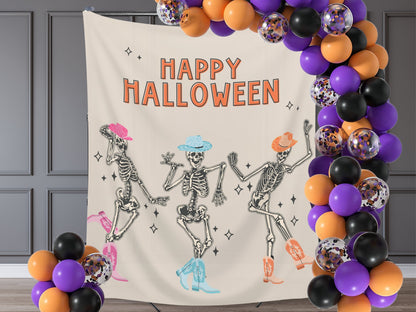 Let's Go Ghouls Skeleton Banner | Boo Haw Cowboy Customizable Text Halloween Party Backdrop | Retro Birthday, Festival, Business Shop Décor