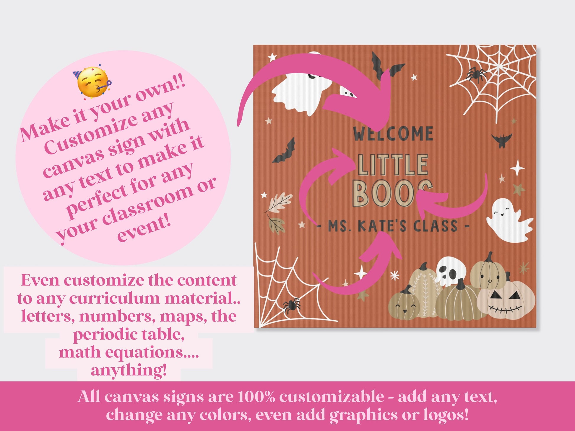 Spooky Halloween Canvas Teacher Name Classroom Sign | Completely Customizable Canvas Welcome Sign | Skeleton and Pumpkin | Teacher Gift