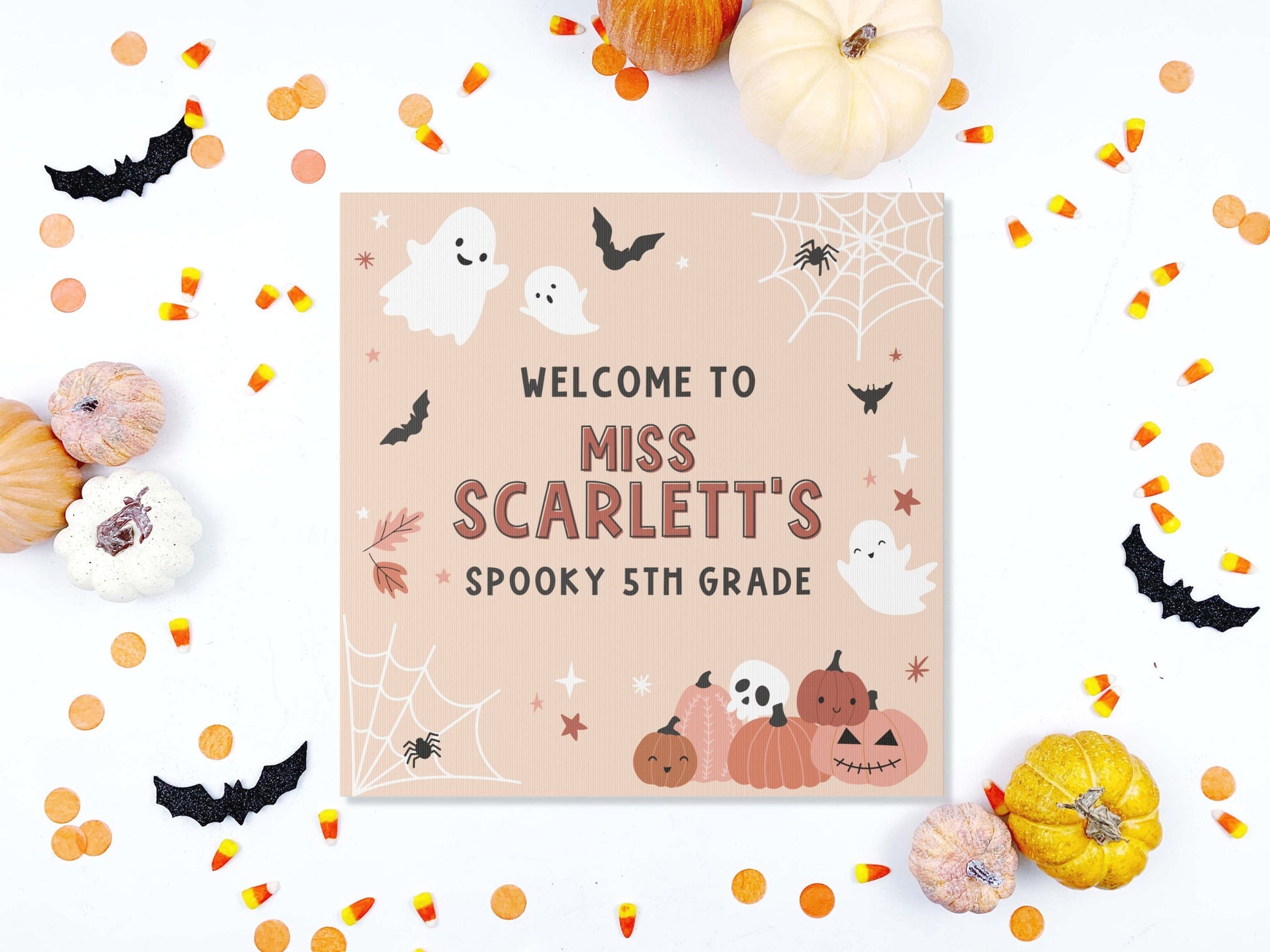 Spooky Halloween Canvas Teacher Name Classroom Sign | Completely Customizable Canvas Welcome Sign | Skeleton and Pumpkin | Teacher Gift