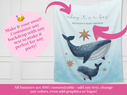 Coastal Whale Custom Baby Shower Backdrop | Nautical Ahoy It's a Boy | Gender Neutral | Personalized Under the Sea Party Banner Décor