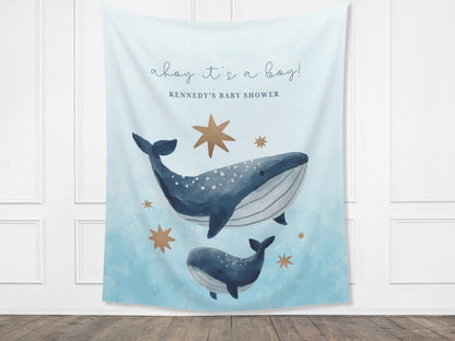 Coastal Whale Custom Baby Shower Backdrop | Nautical Ahoy It's a Boy | Gender Neutral | Personalized Under the Sea Party Banner Décor