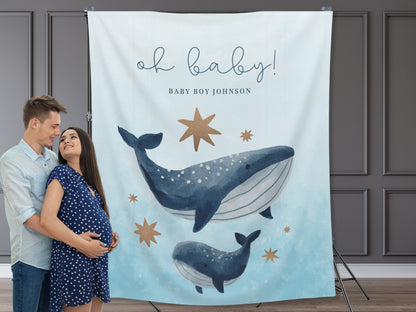 Coastal Whale Custom Baby Shower Backdrop | Nautical Ahoy It's a Boy | Gender Neutral | Personalized Under the Sea Party Banner Décor