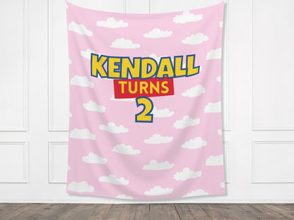 Custom Birthday Story Backdrop | Boy Birthday Party Theme | Blue Cloud Banner | Toy Classic Bright, Muted Colors, or Pink | Two Infinity