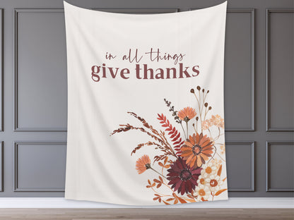 In All Things Give Thanks Boho Fall Wildflower Custom Banner | Custom Friendsgiving Party Backdrop for Balloon Garland | Thanksgiving Décor