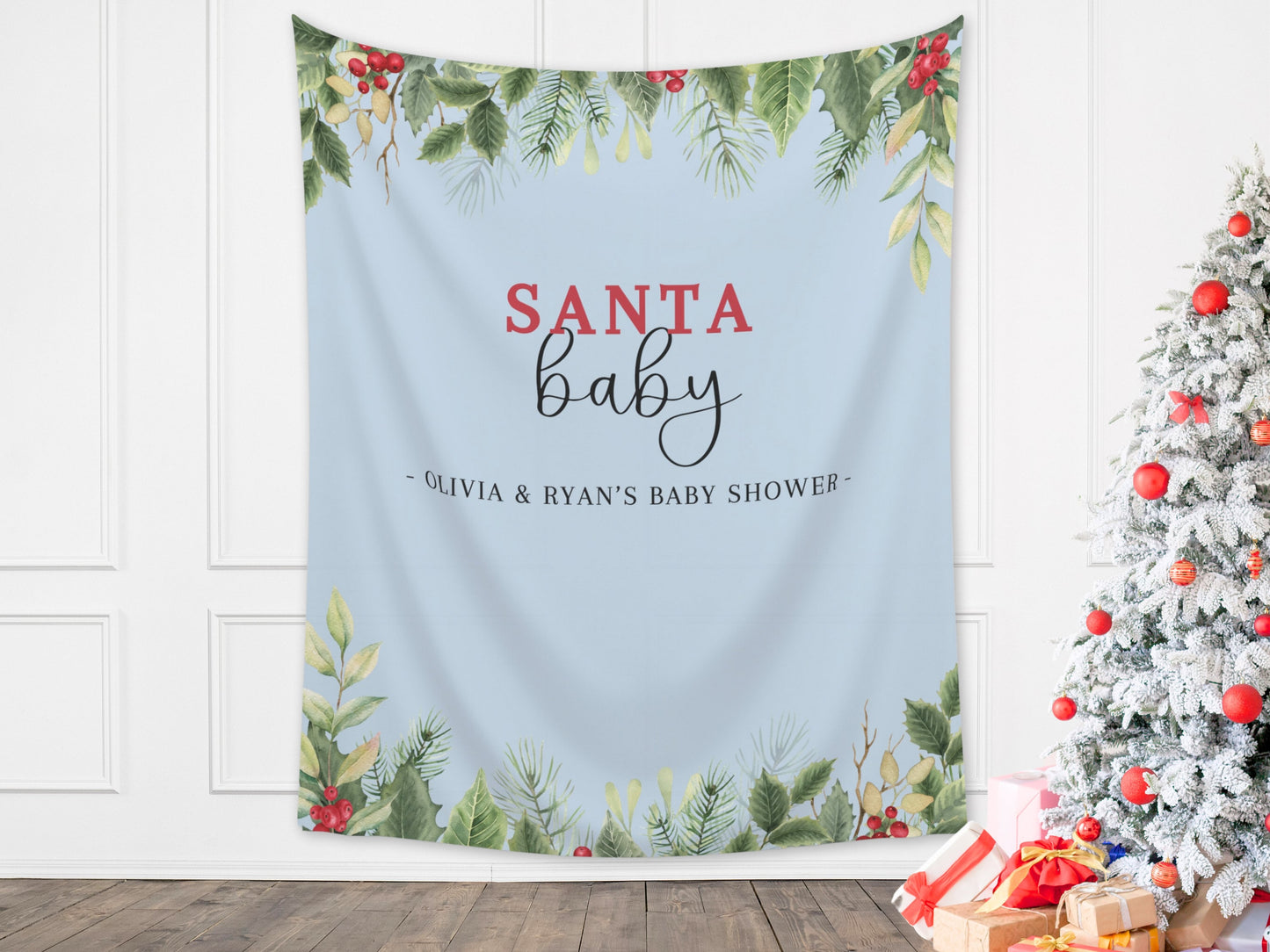 Santa Baby Custom Baby Shower Banner | Holiday Party Backdrop for Balloon Garland | Mistletoe | Winter ONEderland | December Birthday Party