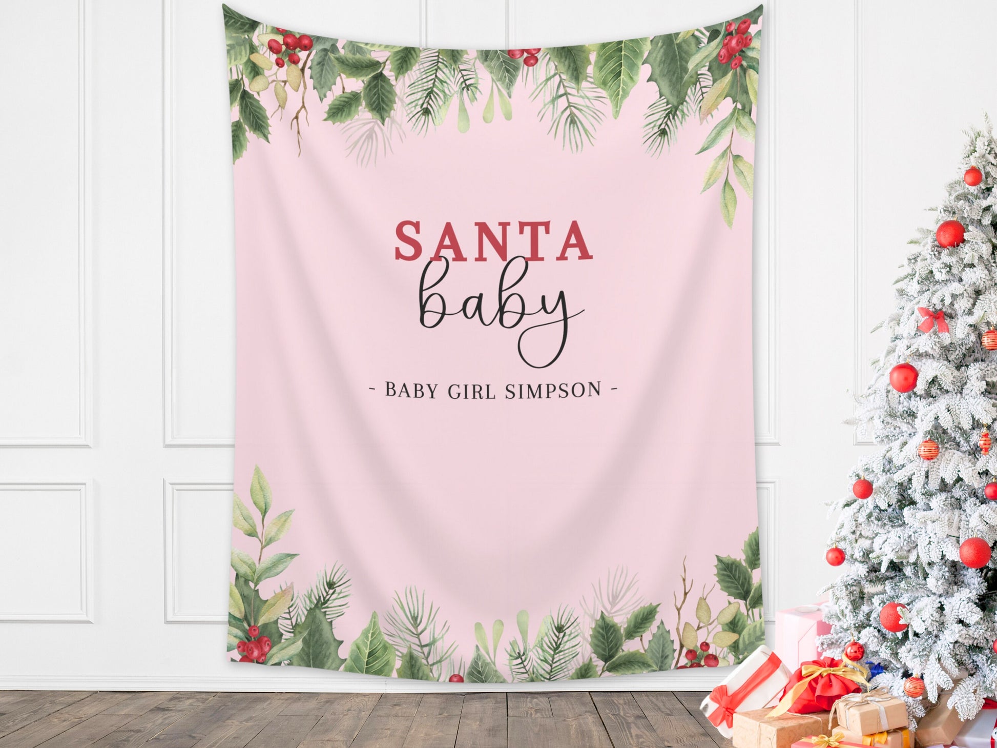 Santa Baby Custom Baby Shower Banner | Holiday Party Backdrop for Balloon Garland | Mistletoe | Winter ONEderland | December Birthday Party