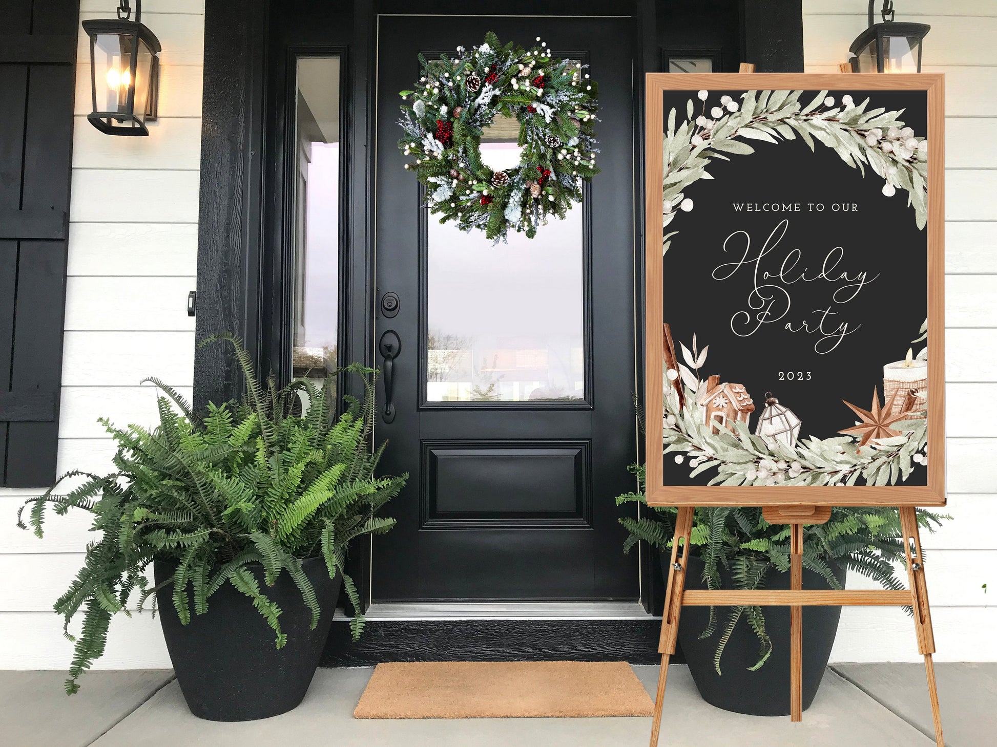 Cozy Chic Holiday Party Welcome Sign | Customizable Poster | Black Christmas Party | Rustic Boho Party or Shower Décor | Winter Woodlands