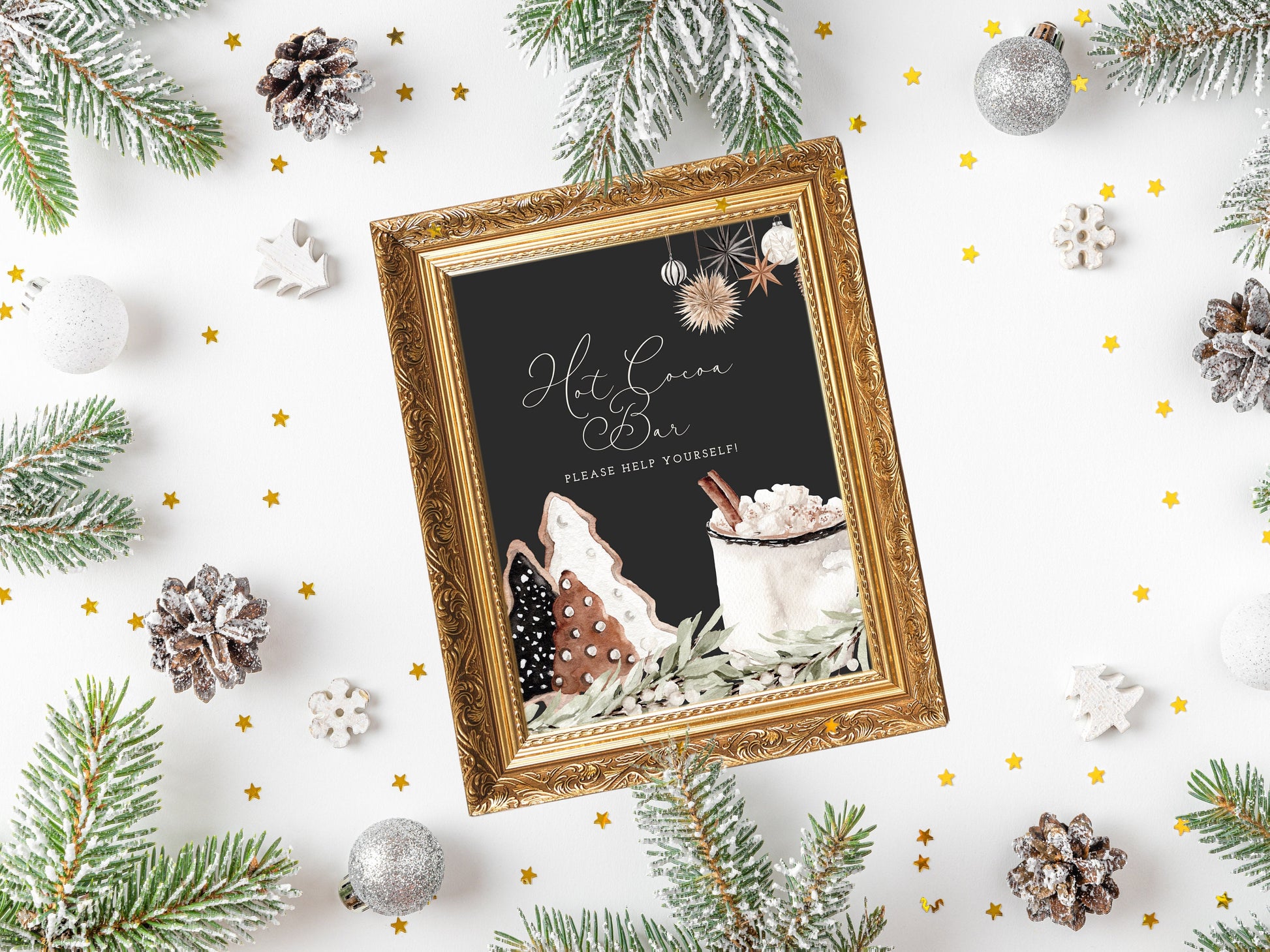 Cozy Chic Hot Cocoa Bar Sign | Hot Chocolate | Customizable Poster | Black Christmas | Rustic Boho Party or Shower Décor | Winter Woodlands