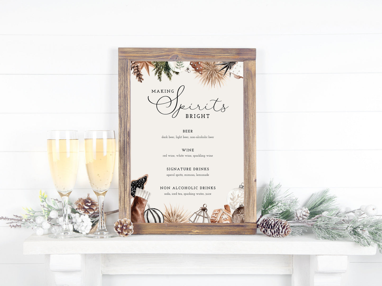 Cozy Chic Making Spirits Bright Bar Menu Sign | Customizable Poster | Black Christmas | Rustic Boho Party or Shower Décor | Winter Woodlands