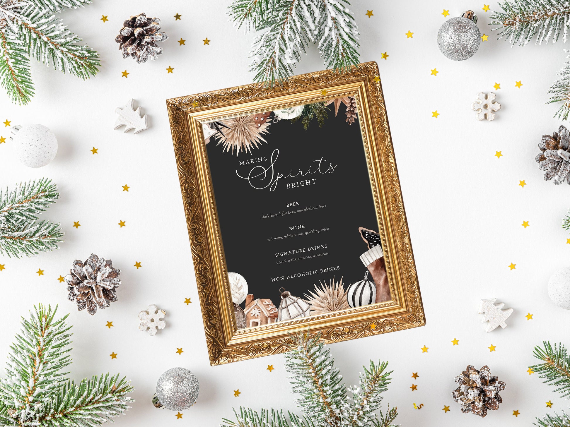 Cozy Chic Making Spirits Bright Bar Menu Sign | Customizable Poster | Black Christmas | Rustic Boho Party or Shower Décor | Winter Woodlands