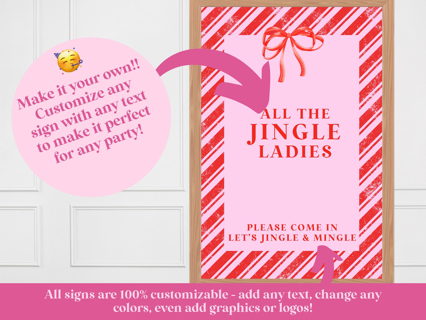 Let's Jingle & Mingle Holiday Party Welcome Sign | Customizable Poster or Printable | Pink Christmas | Retro Shower Décor | Jingle Ladies