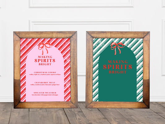 Making Spirits Bright Holiday Party Bar Menu Sign | Jingle & Mingle | Customizable Poster or Printable | Pink Christmas | Cocktail List