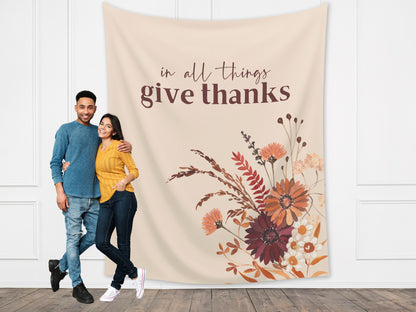 In All Things Give Thanks Boho Fall Wildflower Custom Banner | Custom Friendsgiving Party Backdrop for Balloon Garland | Thanksgiving Décor