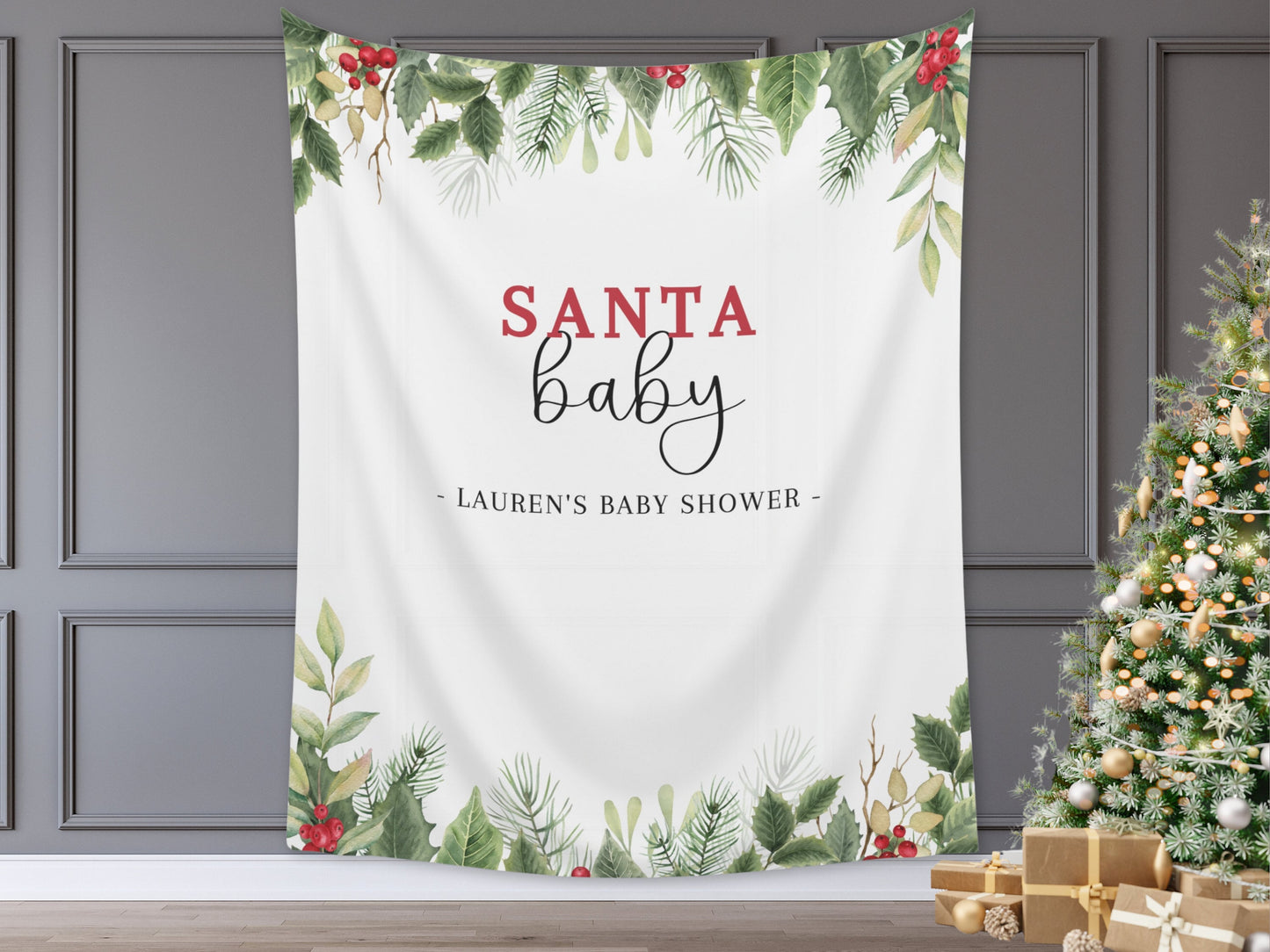 Santa Baby Custom Baby Shower Banner | Holiday Party Backdrop for Balloon Garland | Mistletoe | Winter ONEderland | December Birthday Party