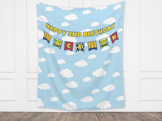 Custom Birthday Story Name Banner | Boy Birthday Party Theme | Wood or Cloud Background | Two Infinity and Beyond | Girl Toy Birthday Party