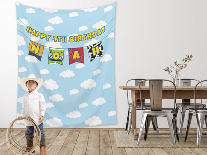 Custom Birthday Story Name Banner | Boy Birthday Party Theme | Wood or Cloud Background | Two Infinity and Beyond | Girl Toy Birthday Party