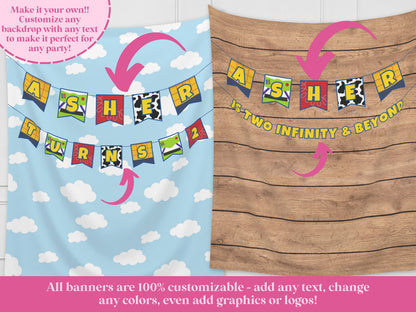 Custom Birthday Story Name Banner | Boy Birthday Party Theme | Wood or Cloud Background | Two Infinity and Beyond | Girl Toy Birthday Party