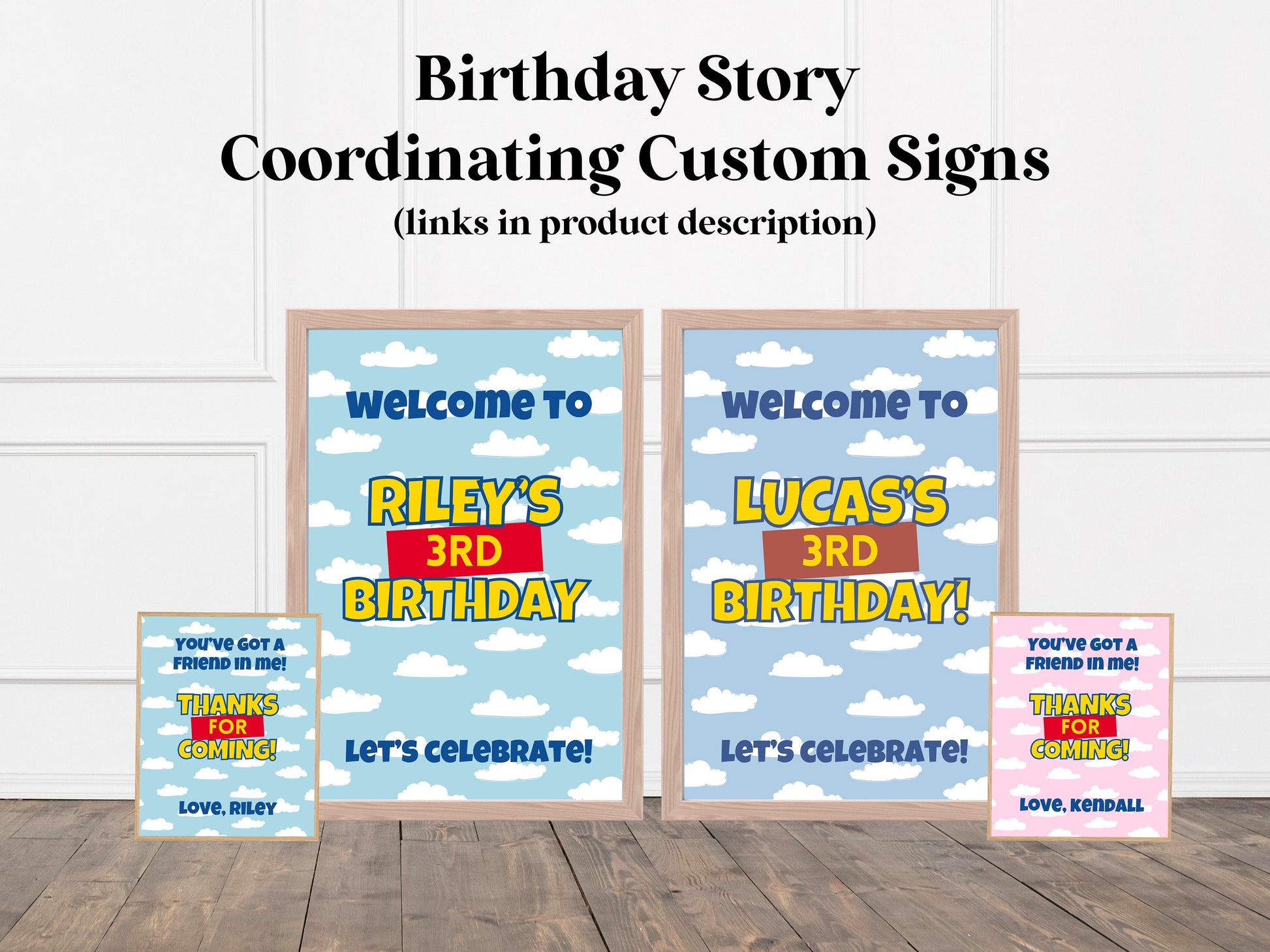 Custom Birthday Story Backdrop | Boy Birthday Party Theme | Blue Cloud Banner | Toy Classic Bright, Muted Colors, or Pink | Two Infinity