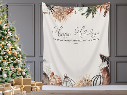 Cozy Chic Custom Holiday Banner | Black Christmas Party Backdrop for Balloon Garland | Rustic Boho Party or Shower Décor | Watercolor Wreath