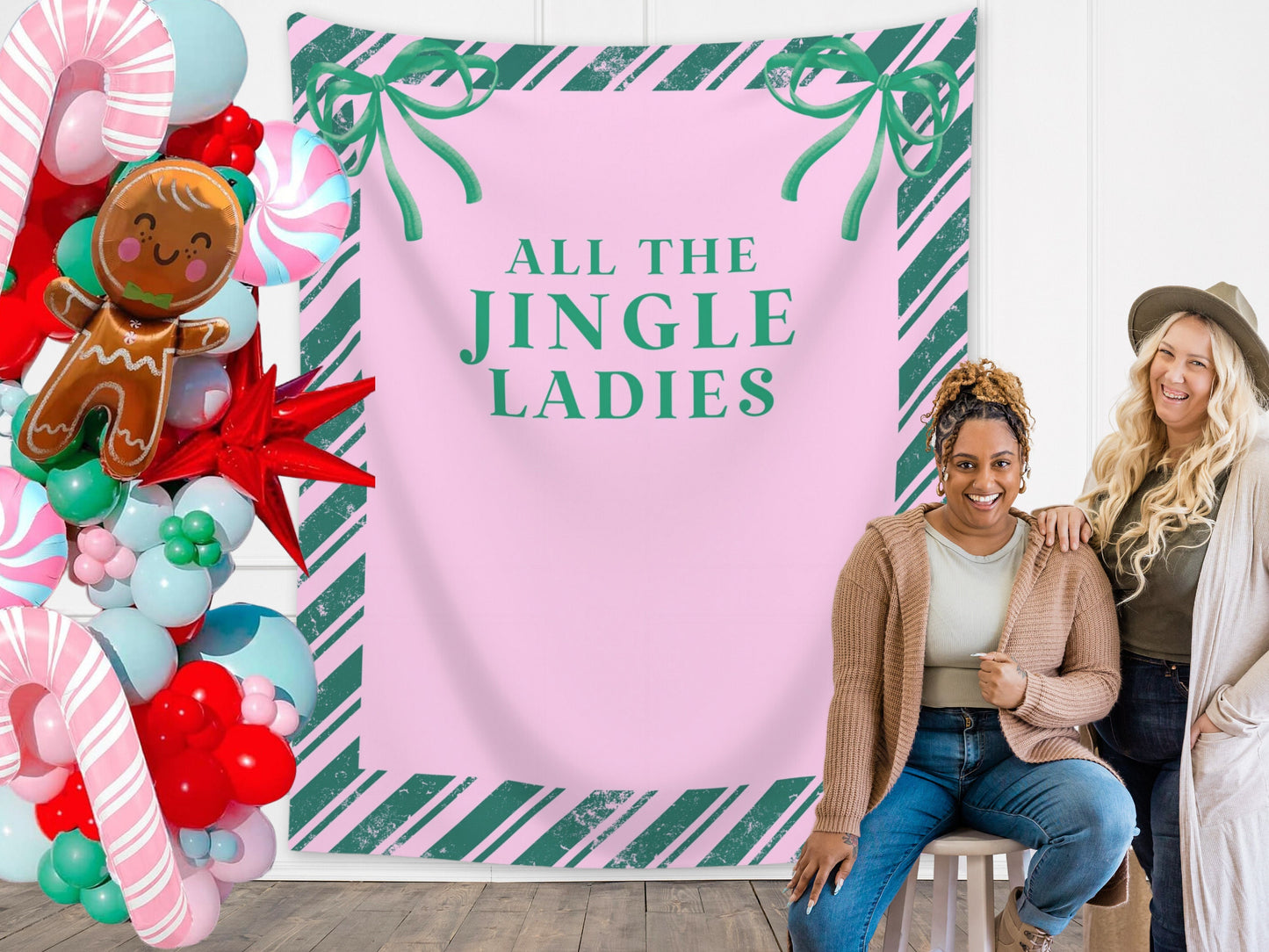 All The Jingle Ladies Custom Holiday Banner | Jingle & Mingle | Pink Christmas Backdrop for Balloon Garland | Retro Party or Shower Décor