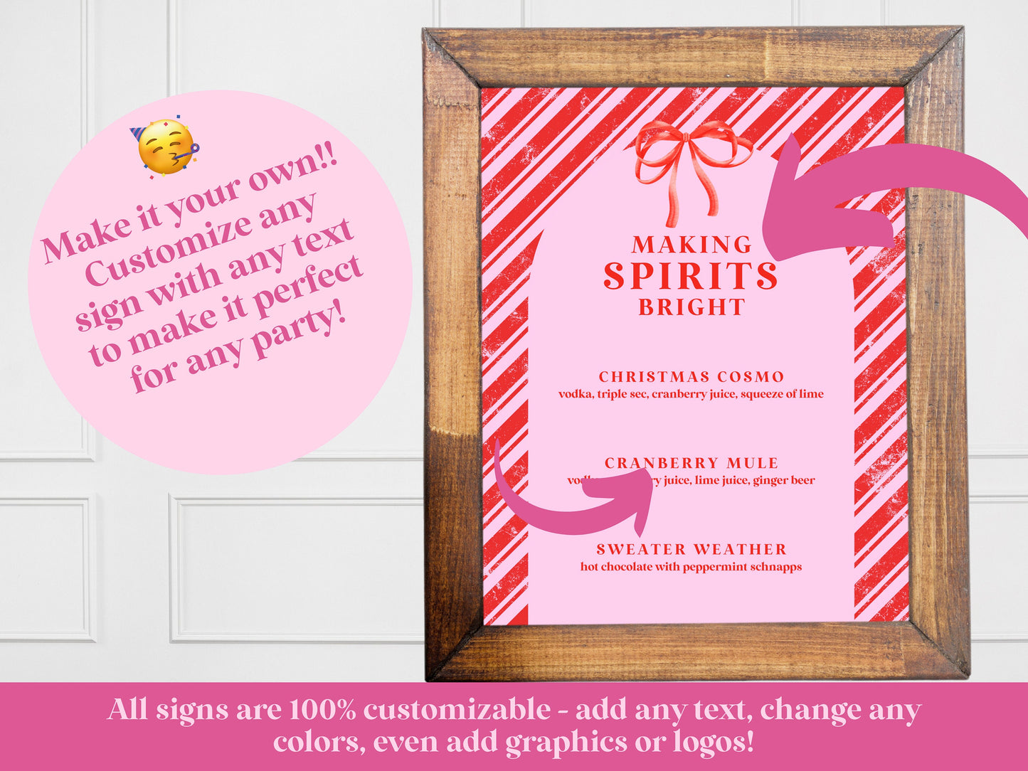 Making Spirits Bright Holiday Party Bar Menu Sign | Jingle & Mingle | Customizable Poster or Printable | Pink Christmas | Cocktail List