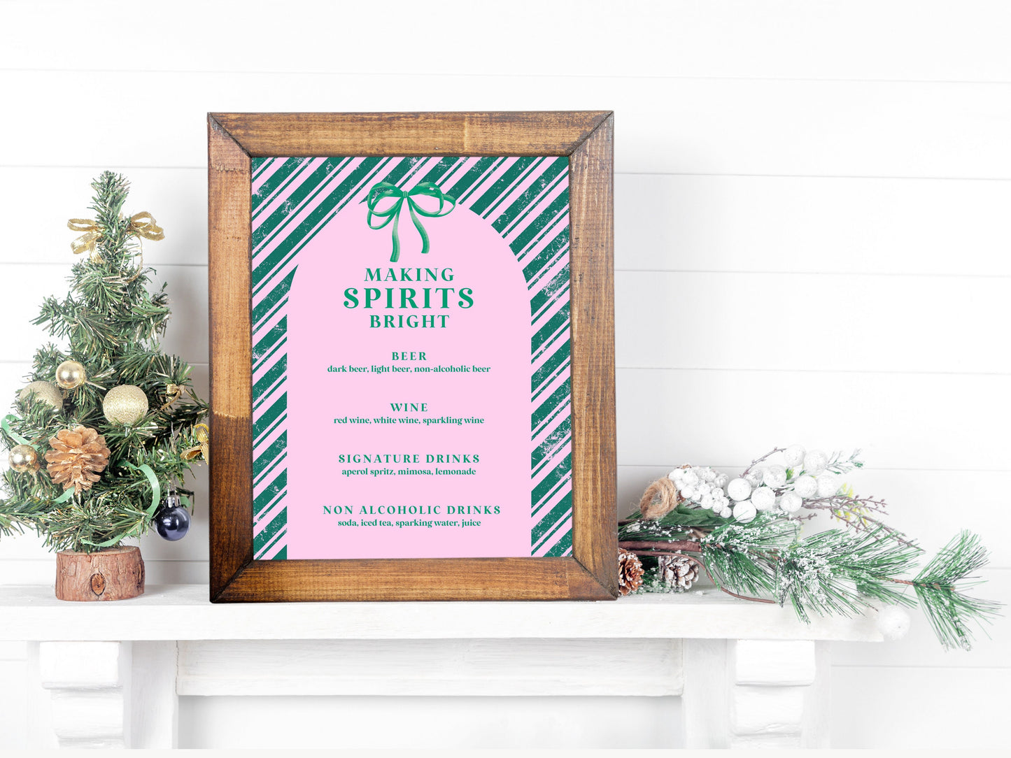 Making Spirits Bright Holiday Party Bar Menu Sign | Jingle & Mingle | Customizable Poster or Printable | Pink Christmas | Cocktail List