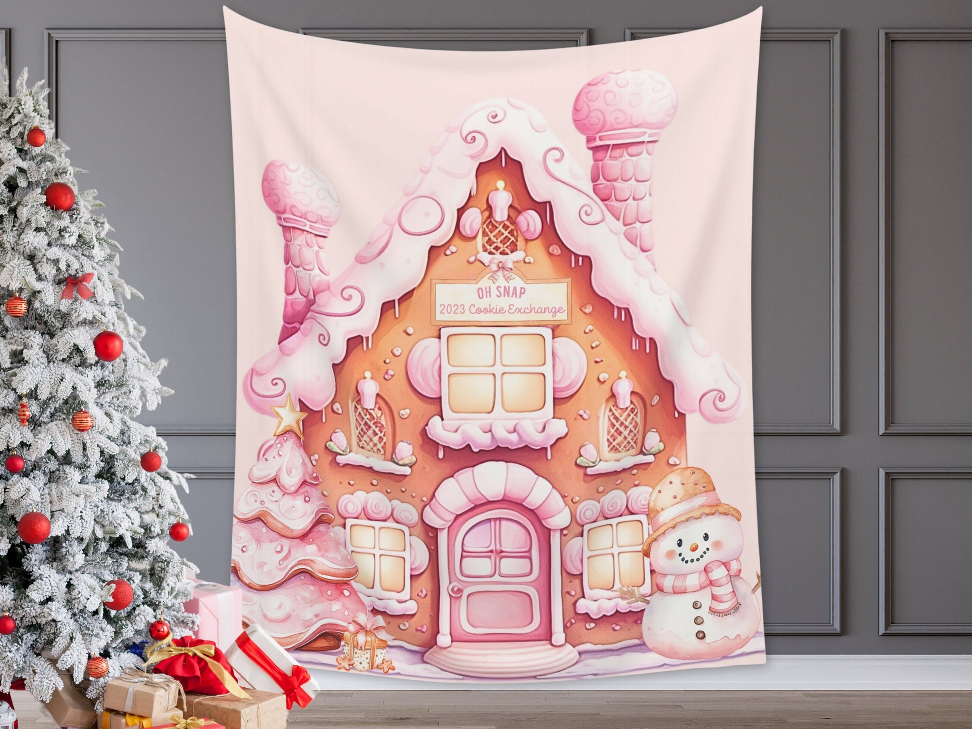 Gingerbread House Custom Holiday Banner | Pink, Blue or Neutral Backdrop for Balloon Garland | December Winter Party or Shower Décor |