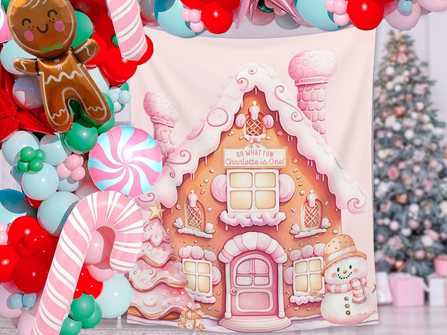 Gingerbread House Custom Holiday Banner | Pink, Blue or Neutral Backdrop for Balloon Garland | December Winter Party or Shower Décor |