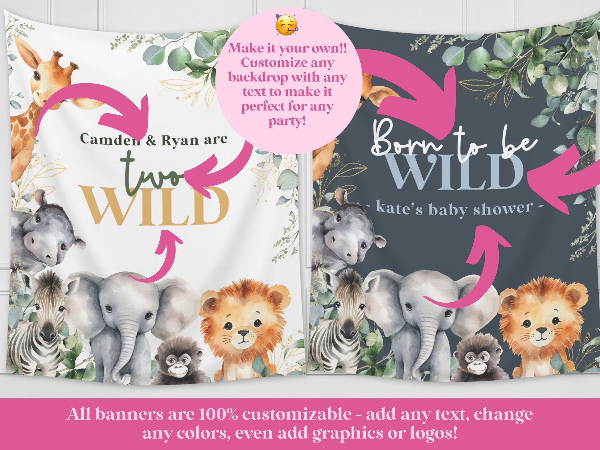 Wild One First Birthday Customizable Safari Animals 1st Birthday Backdrop | Jungle Custom Party Banner | Baby Shower or Gender Reveal | Zoo