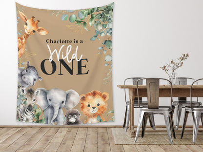 Wild One First Birthday Customizable Safari Animals 1st Birthday Backdrop | Jungle Custom Party Banner | Baby Shower or Gender Reveal | Zoo