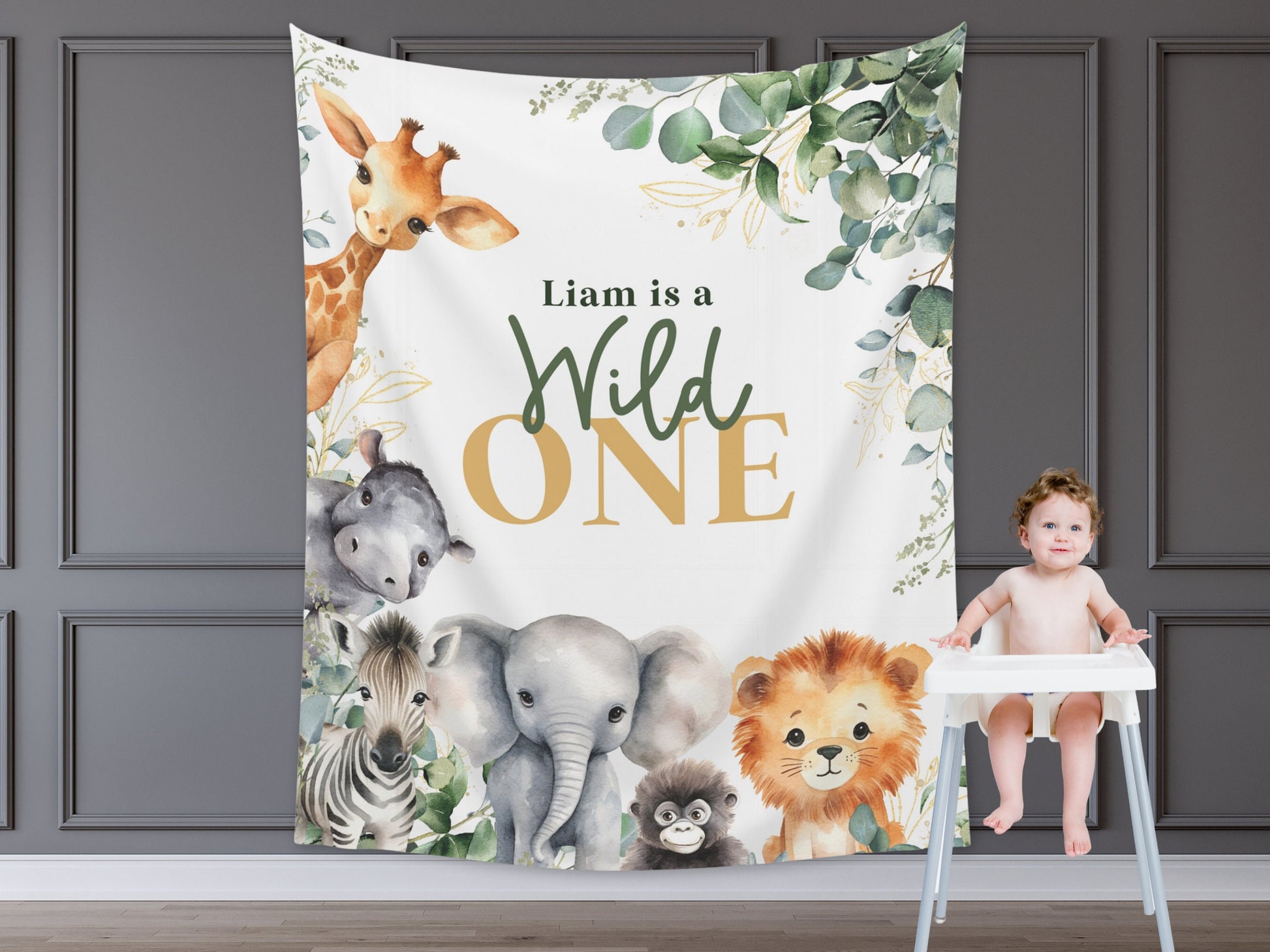 Wild One First Birthday Customizable Safari Animals 1st Birthday Backdrop | Jungle Custom Party Banner | Baby Shower or Gender Reveal | Zoo