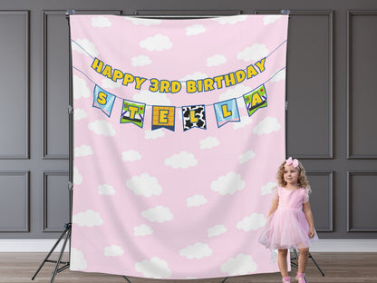 Custom Birthday Story Name Banner | Boy Birthday Party Theme | Wood or Cloud Background | Two Infinity and Beyond | Girl Toy Birthday Party