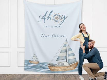 Ahoy It's a Boy Custom Baby Shower Backdrop | Nautical Baby Shower Boy | Gender Neutral | Personalized Sailboat Sea Party Banner Décor