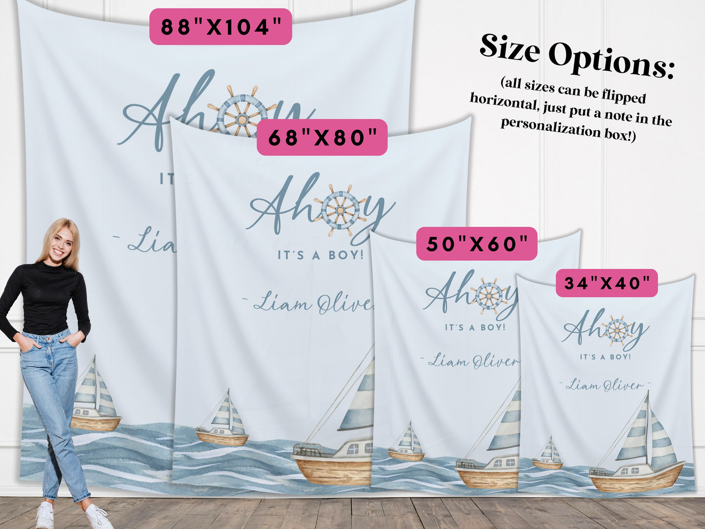 Ahoy It's a Boy Custom Baby Shower Backdrop | Nautical Baby Shower Boy | Gender Neutral | Personalized Sailboat Sea Party Banner Décor