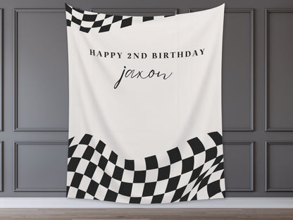 Custom Retro Birthday Banner | Boy Birthday Party Theme | Checkered Flag Banner | Two Fast Birthday Backdrop | Retro Race Car | Two Cool