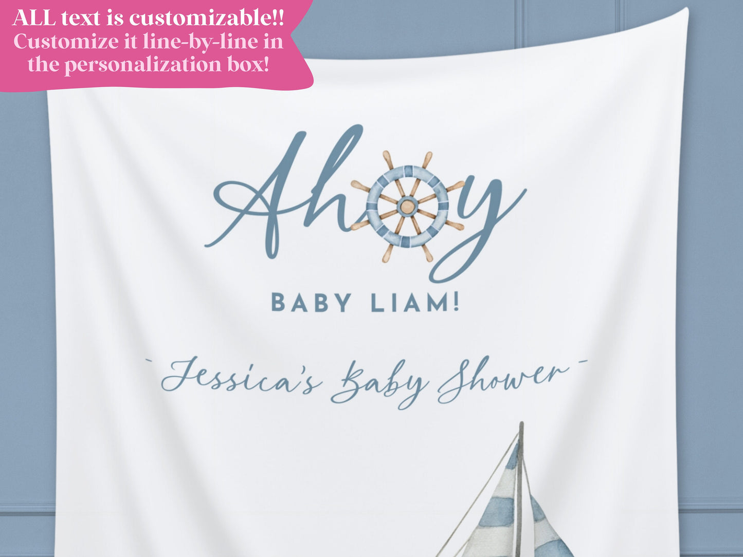 Ahoy It's a Boy Custom Baby Shower Backdrop | Nautical Baby Shower Boy | Gender Neutral | Personalized Sailboat Sea Party Banner Décor