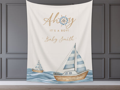 Ahoy It's a Boy Custom Baby Shower Backdrop | Nautical Baby Shower Boy | Gender Neutral | Personalized Sailboat Sea Party Banner Décor