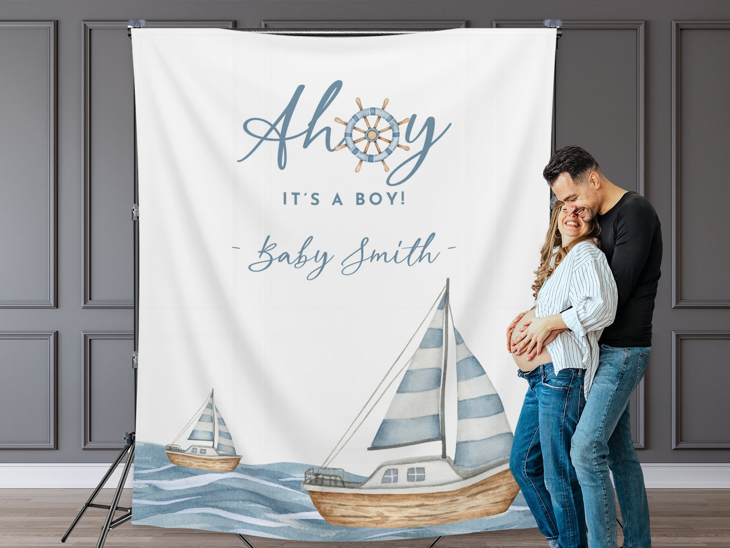 Ahoy It's a Boy Custom Baby Shower Backdrop | Nautical Baby Shower Boy | Gender Neutral | Personalized Sailboat Sea Party Banner Décor