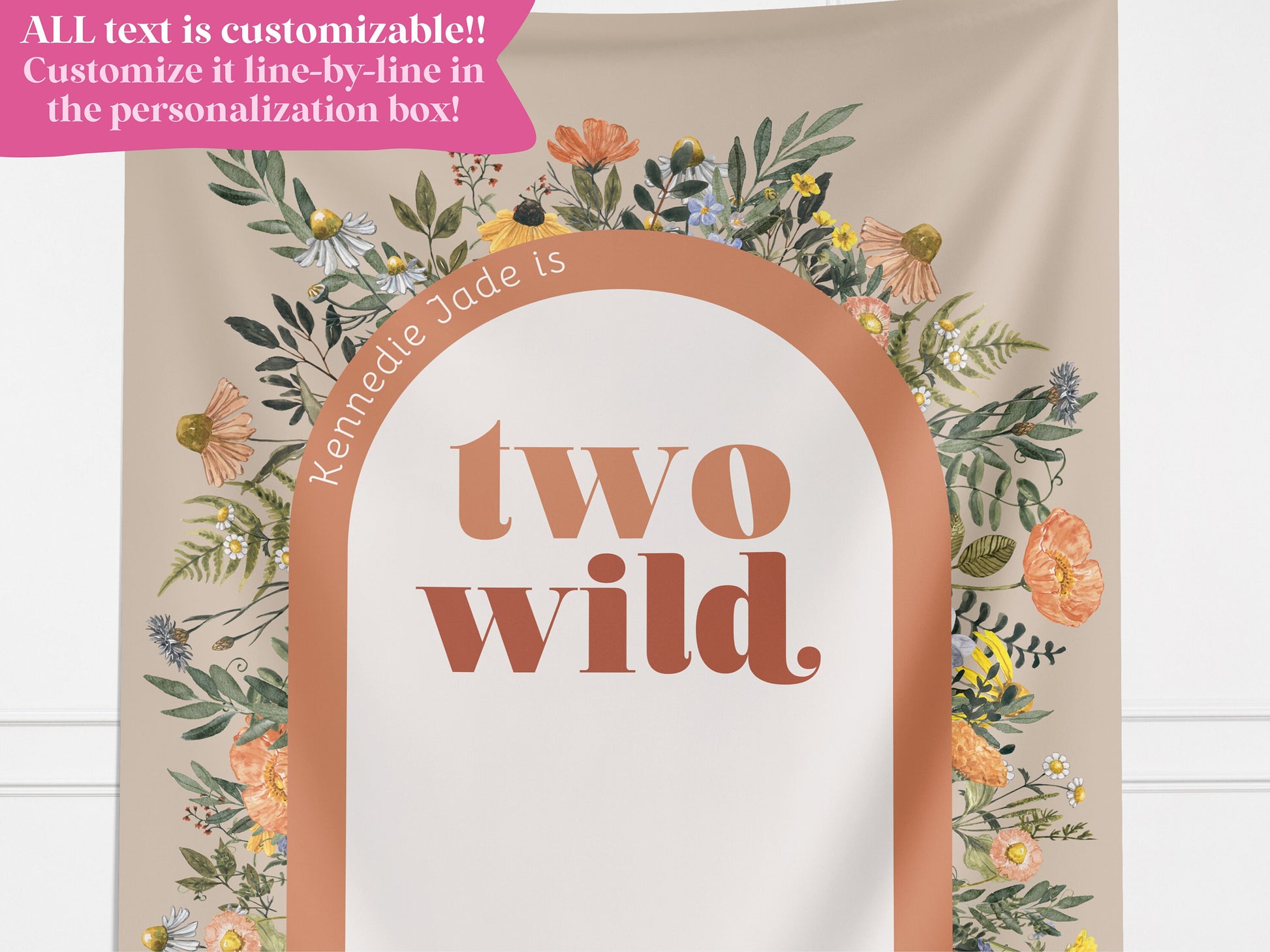 Two Wild Custom Text Backdrop, She's a Little Wildflower, Custom 2nd Birthday Party Backdrop, Girl Birthday, Boho Birthday, Retro Flowers
