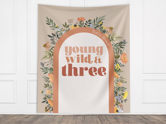 Young Wild Three Custom Backdrop, She's a Little Wildflower, Custom 3rd Birthday Party Backdrop, Girl Birthday, Boho Birthday, Retro Flowers