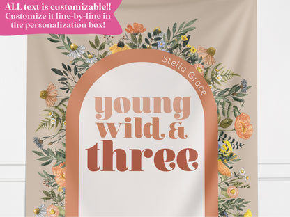 Young Wild Three Custom Backdrop, She's a Little Wildflower, Custom 3rd Birthday Party Backdrop, Girl Birthday, Boho Birthday, Retro Flowers