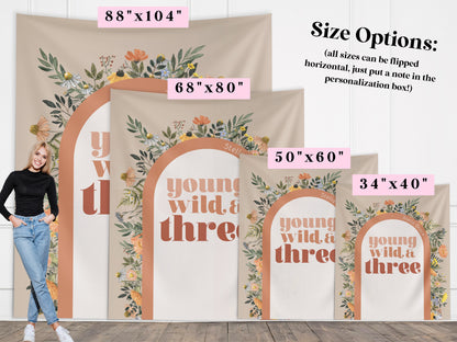 Young Wild Three Custom Backdrop, She's a Little Wildflower, Custom 3rd Birthday Party Backdrop, Girl Birthday, Boho Birthday, Retro Flowers