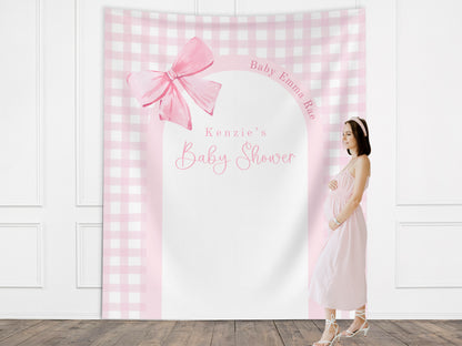 Pink Bow Baby Shower Custom Banner, Girl Baby Shower, Completely Customizable Party Backdrop, Baby Sprinkle, Gender Reveal, Blue Gingham