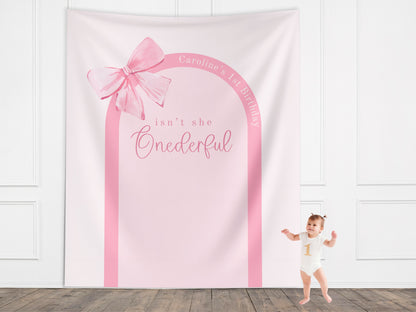 Pink Bow Birthday Party Custom Banner, Girl 1st Birthday, Completely Customizable Party Backdrop, Onederful, Twin Birthday, Tea Party