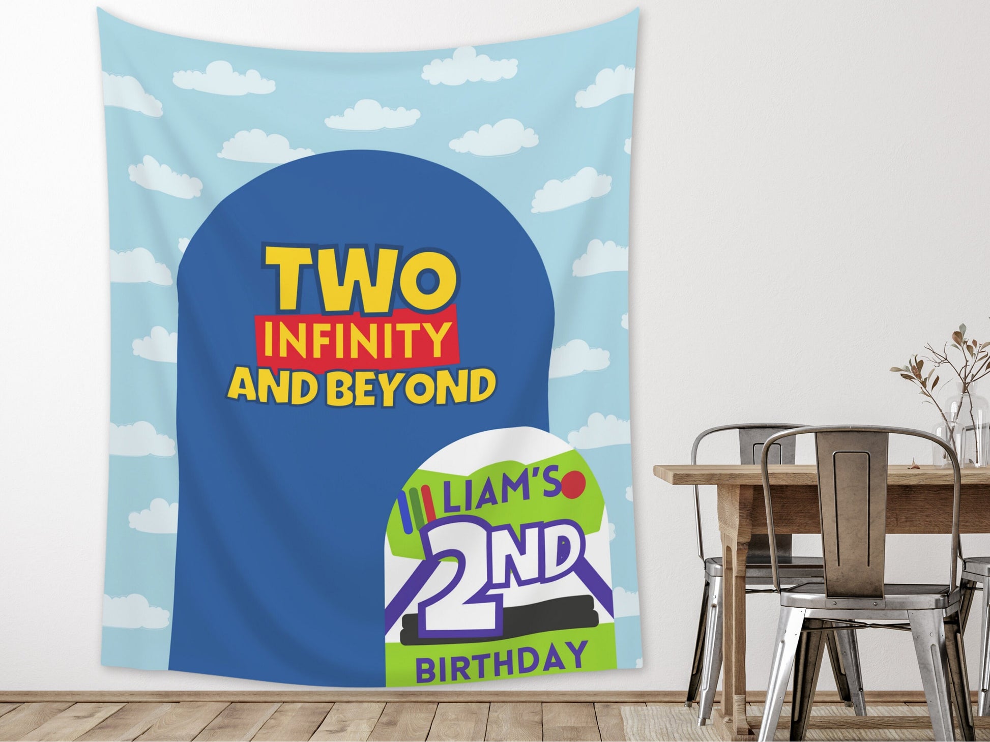 Birthday Story Custom Backdrop | Boy Birthday Party Theme | Cloud Banner | Classic Bright, Muted Colors, or Pink | Two Infinity and Beyond