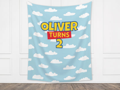 Custom Birthday Story Backdrop | Boy Birthday Party Theme | Blue Cloud Banner | Toy Classic Bright, Muted Colors, or Pink | Two Infinity