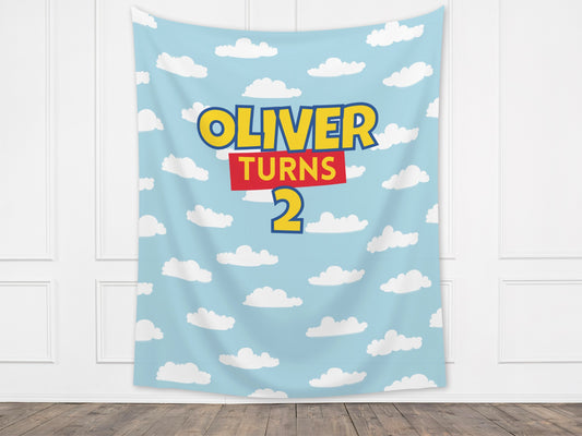 Custom Birthday Story Backdrop | Boy Birthday Party Theme | Blue Cloud Banner | Toy Classic Bright, Muted Colors, or Pink | Two Infinity