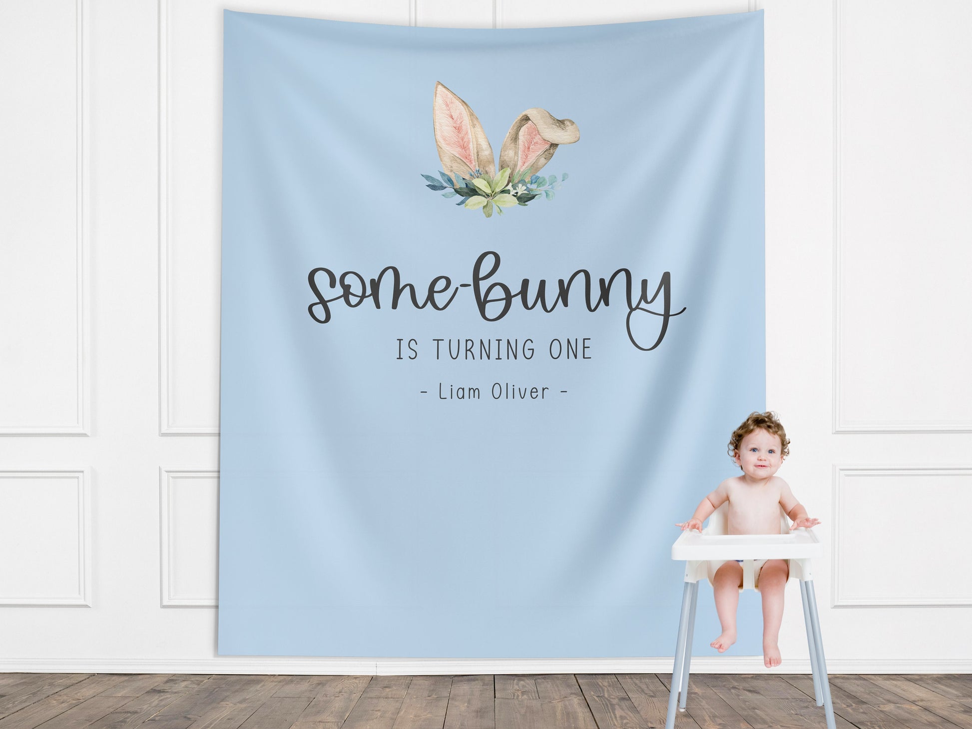 Some Bunny is Turning One Custom Bunny Ears Shower Backdrop | Personalized Easter Spring 1st, 2nd or 3rd Birthday Party Banner