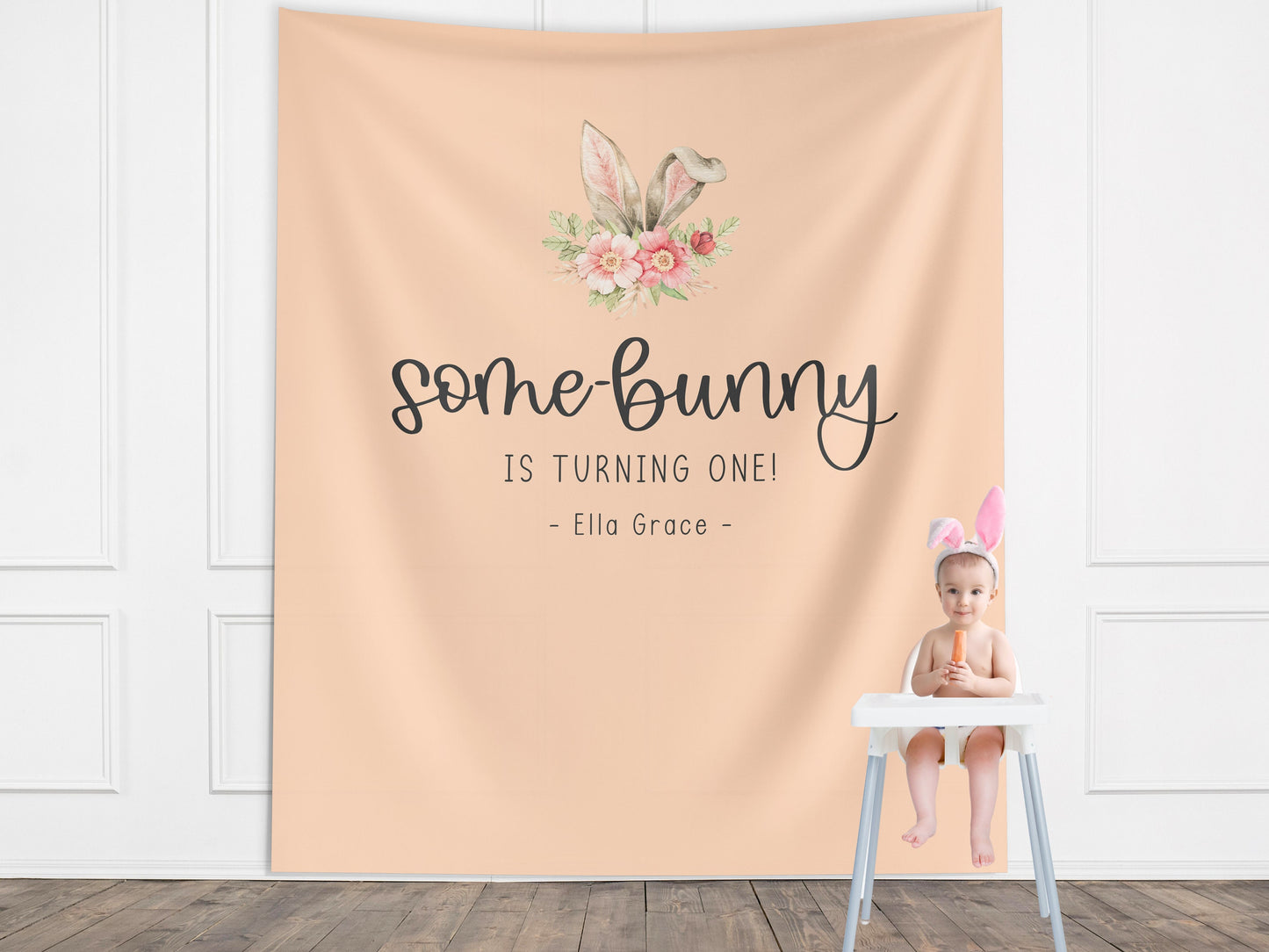 Some Bunny is Turning One Custom Bunny Ears Shower Backdrop | Personalized Easter Spring 1st, 2nd or 3rd Birthday Party Banner