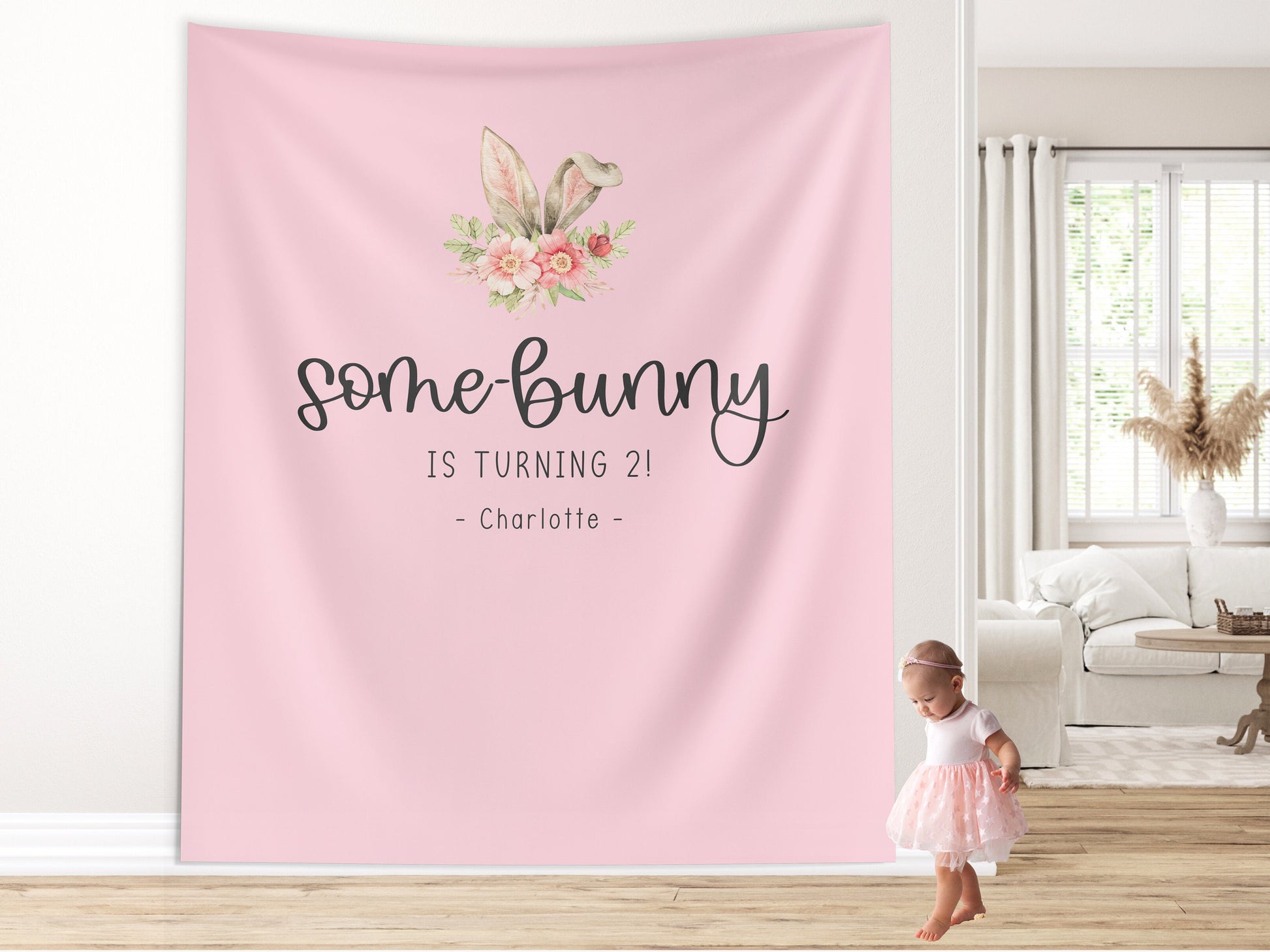 Some Bunny is Turning One Custom Bunny Ears Shower Backdrop | Personalized Easter Spring 1st, 2nd or 3rd Birthday Party Banner